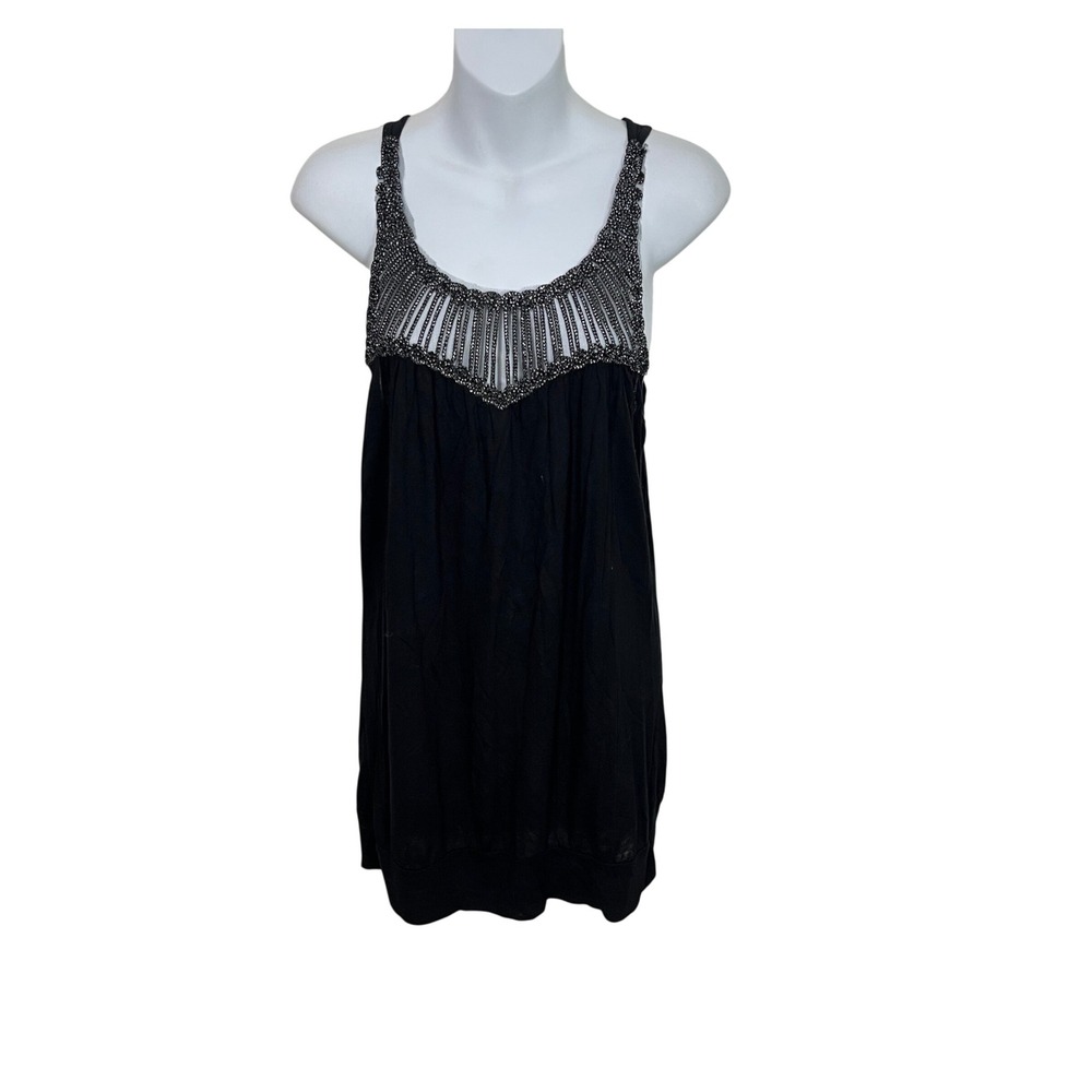 Wet Seal Tank Top Womens L Black Silver Metallic Chain Neckline Vintage Y2K